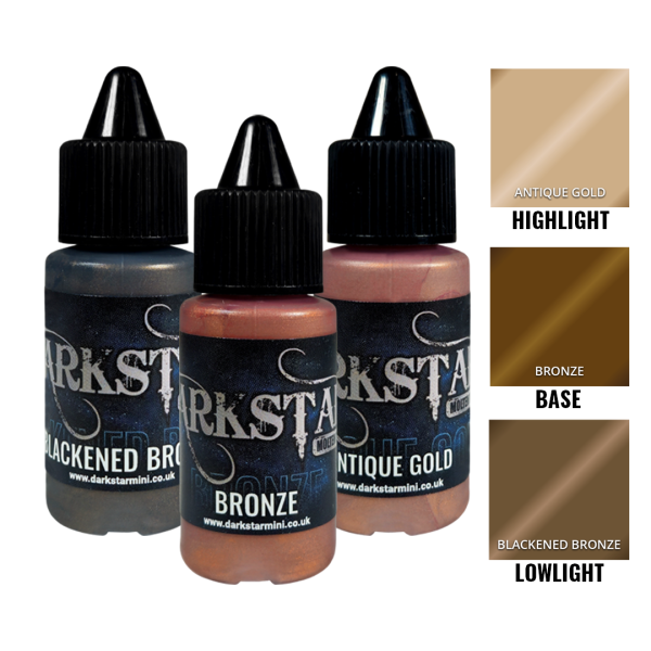 A triad of Bronze metallic acrylic paints